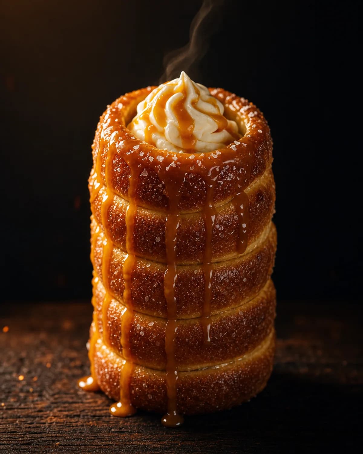 Chimney cake covered in salted butter caramel with vanilla cream