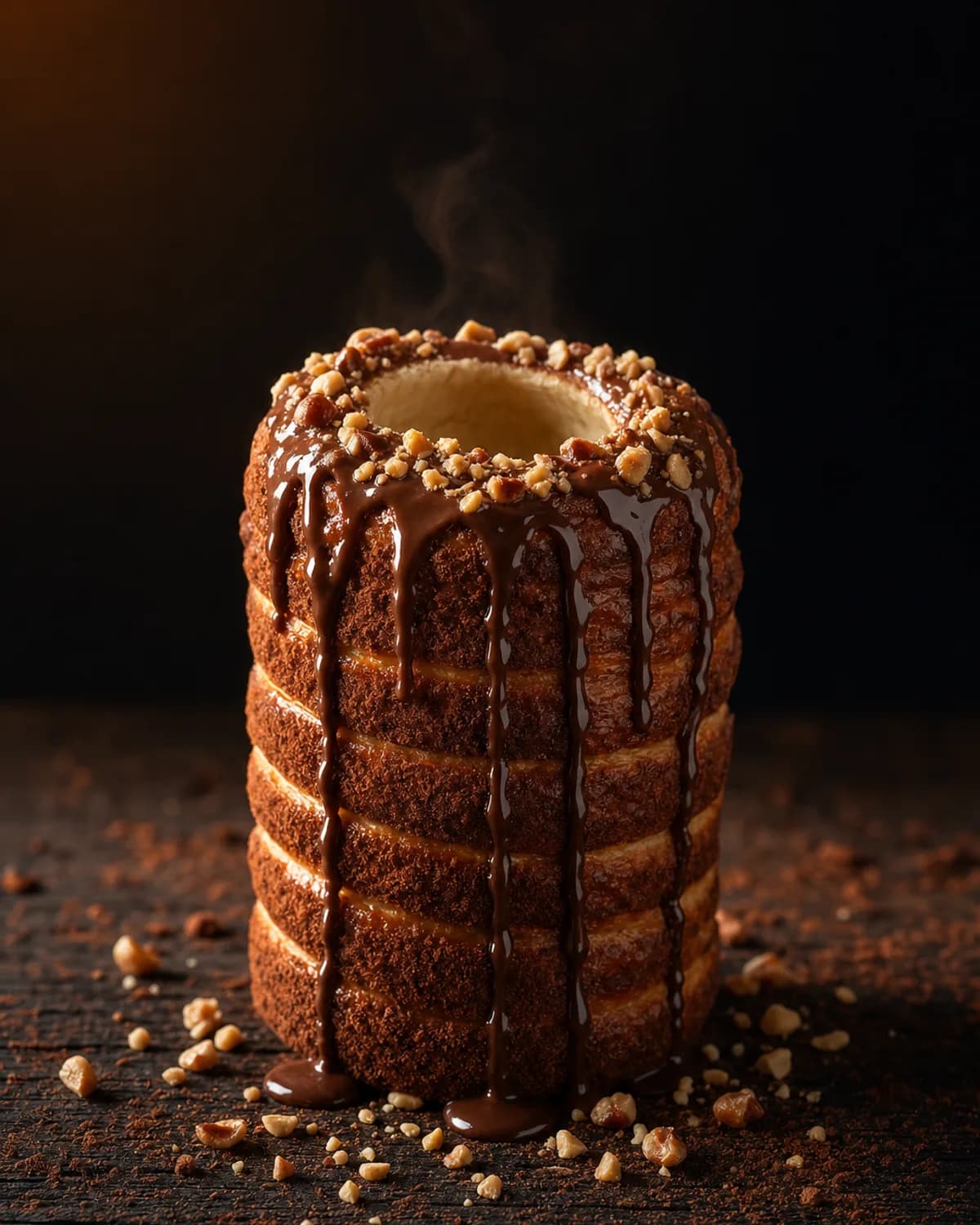 Chimney cake with molten chocolate hazelnut filling and hazelnut pieces