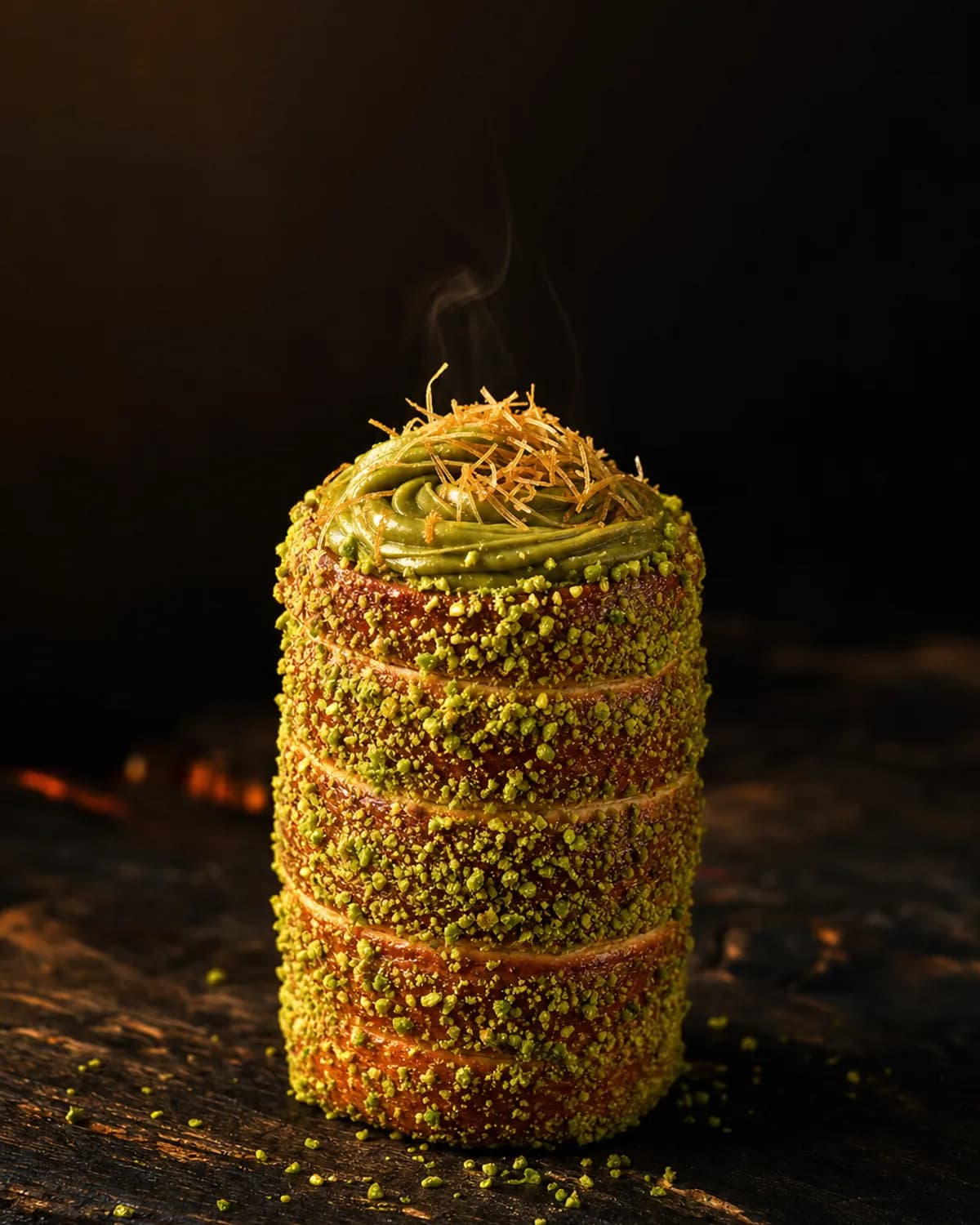 Chimney cake filled with green pistachio cream and pistachio pieces