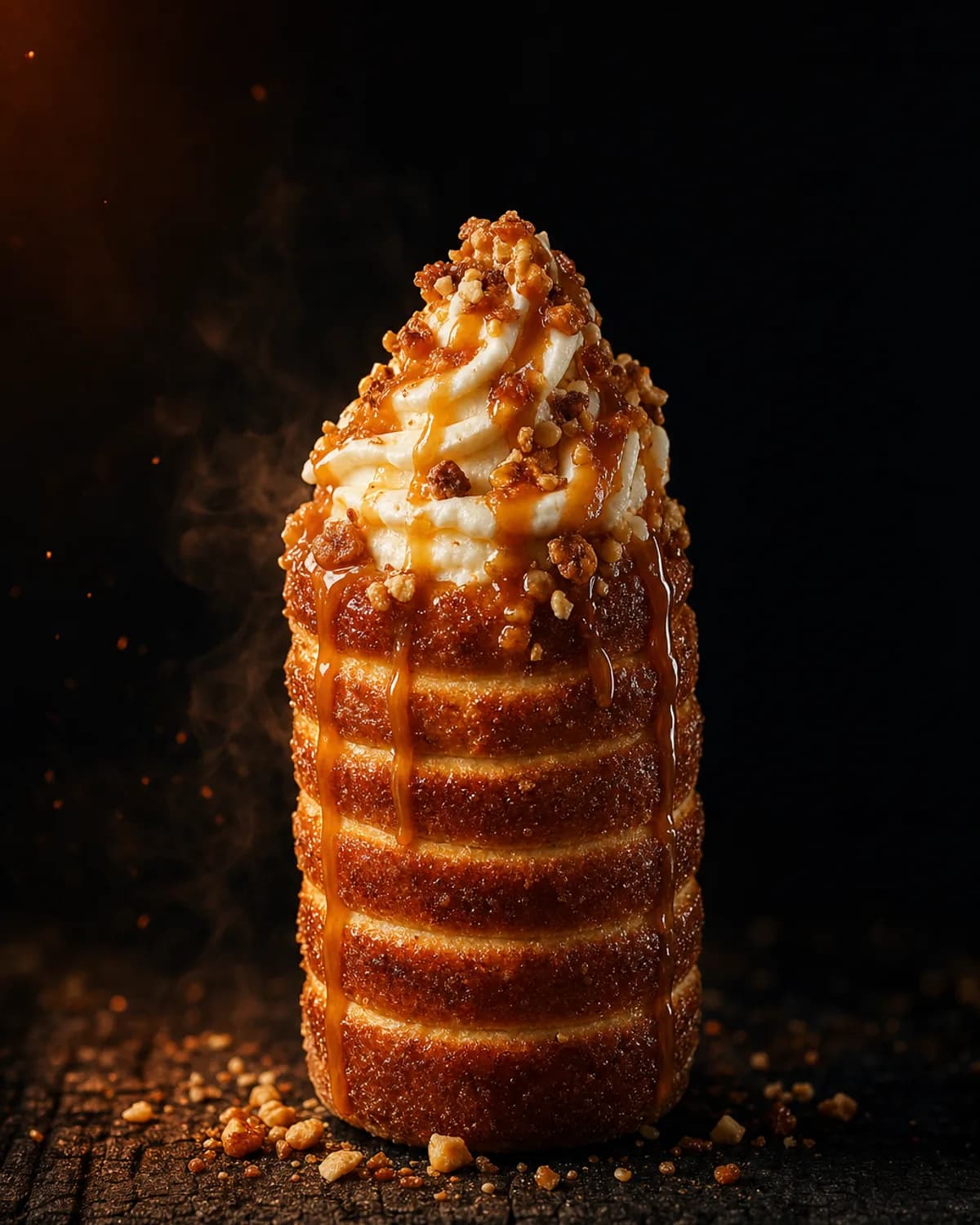Premium chimney cake filled with ice cream, sauce and crunchy pieces