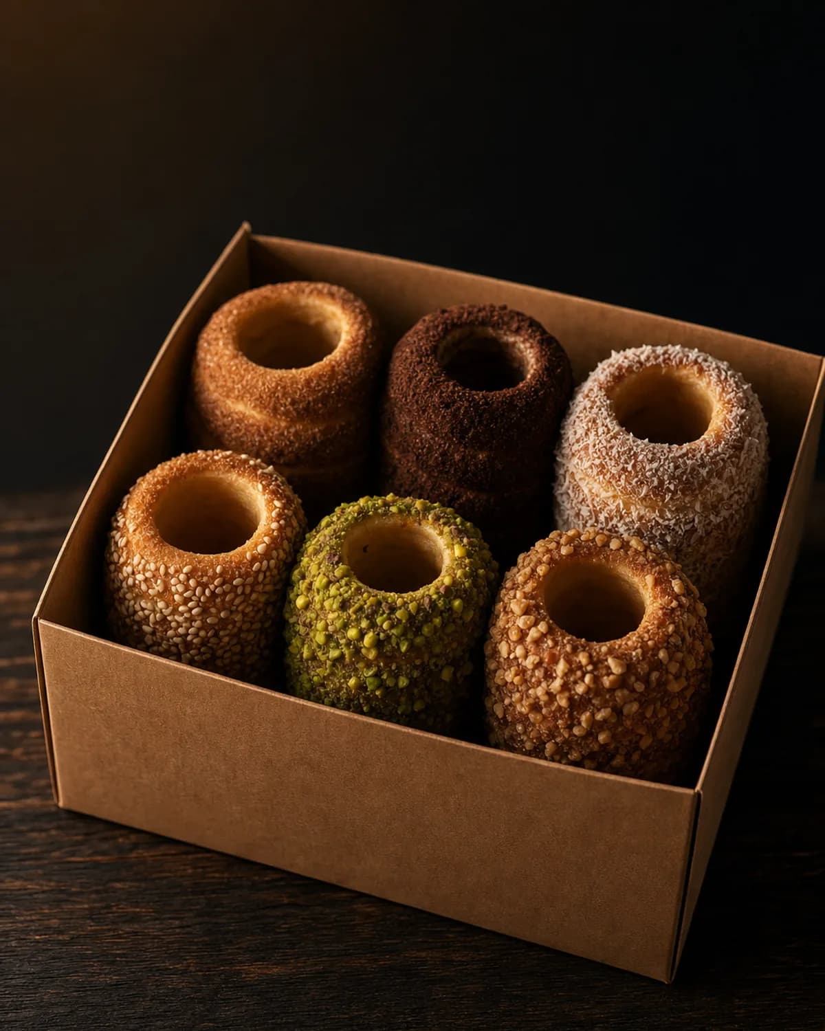 Open box of six golden mini chimney cakes with assorted toppings