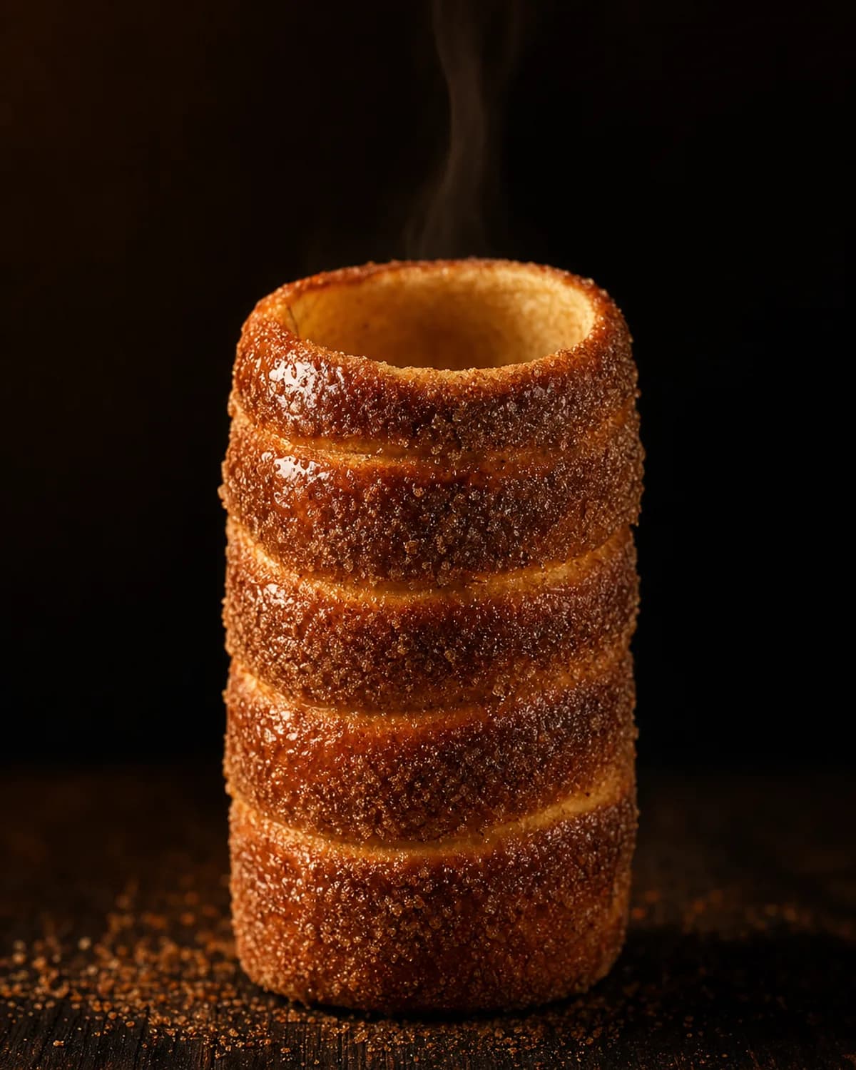 Classic golden chimney cake with caramelised crust rolled in cinnamon sugar