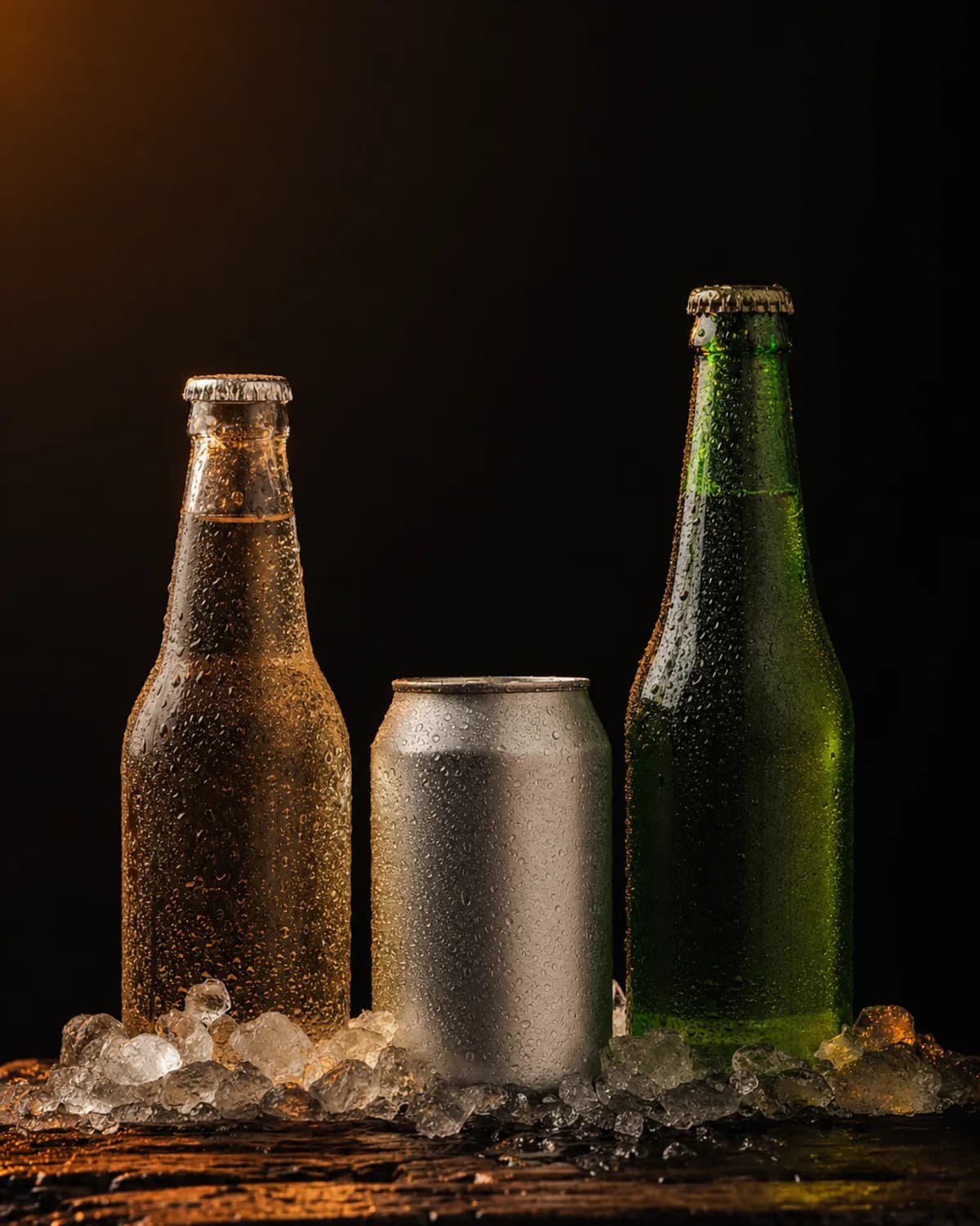 Cold cans and bottles on ice